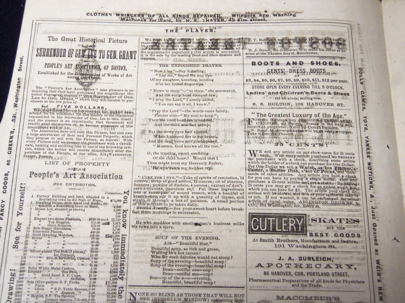 1869 JANUARY 2 BOSTON THEATRE ANNOUNCEMENT - SCALP HUNTERS - DAVENPORT - J 5393