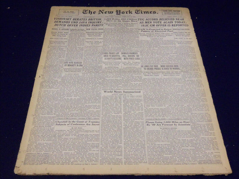 1946 FEB 11 NEW YORK TIMES - TUG ACCORD NEAR MEN VOTE, TODAY - NT 2325