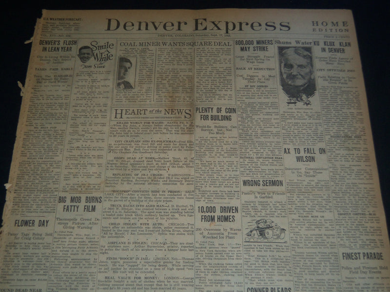 1921 SEPTEMBER 17 DENVER EXPRESS NEWSPAPER - MOB BURNS FATTY FILM - NT 7550