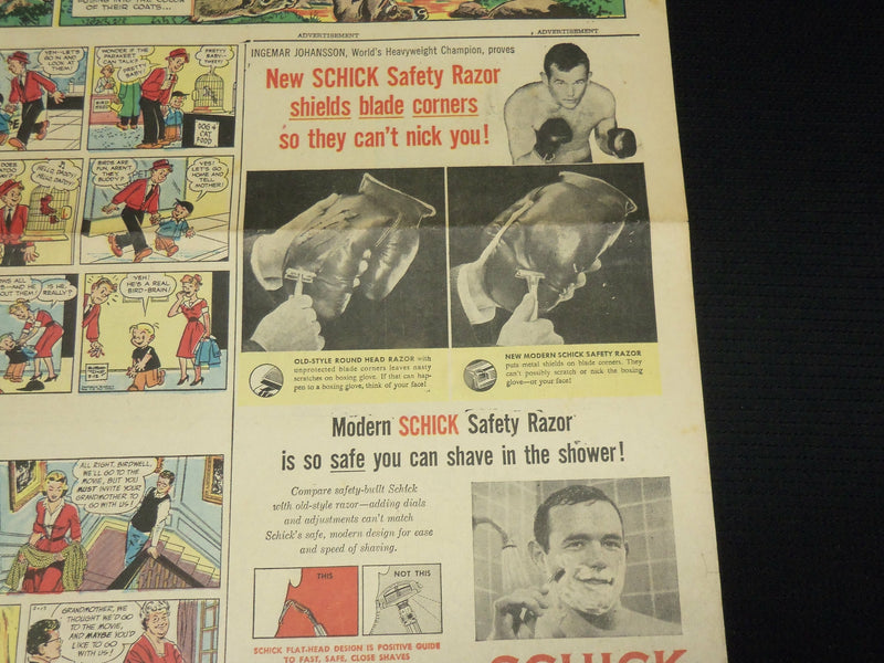 1960 MARCH 13 INGEMAR JOHANSSON SCHICK RAZOR COLOR COMICS AD - UP 17C