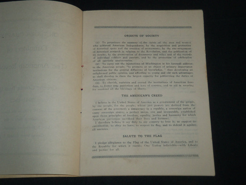 1941-1942 ON-TI-ORA CHAPTER DAUGHTERS OF THE AMERICAN REVOLUTION BOOK - J 4301