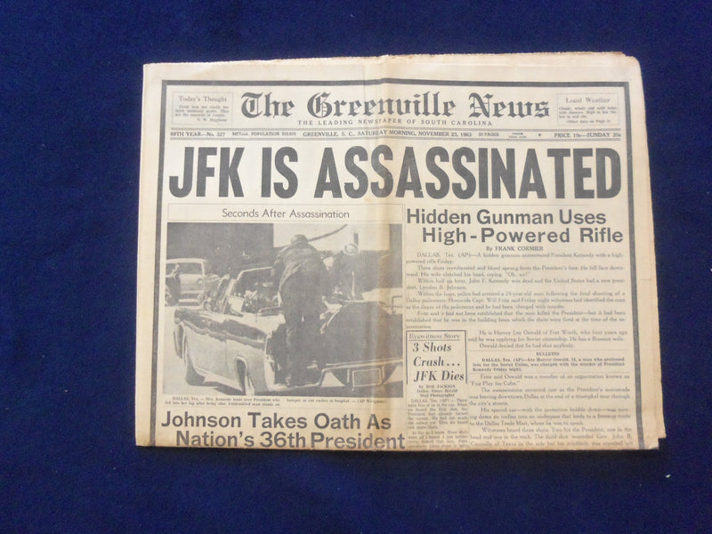 1963 NOV 22 THE GREENVILLE NEWS NEWSPAPER - JFK IS ASSASSINATED - NP 6444
