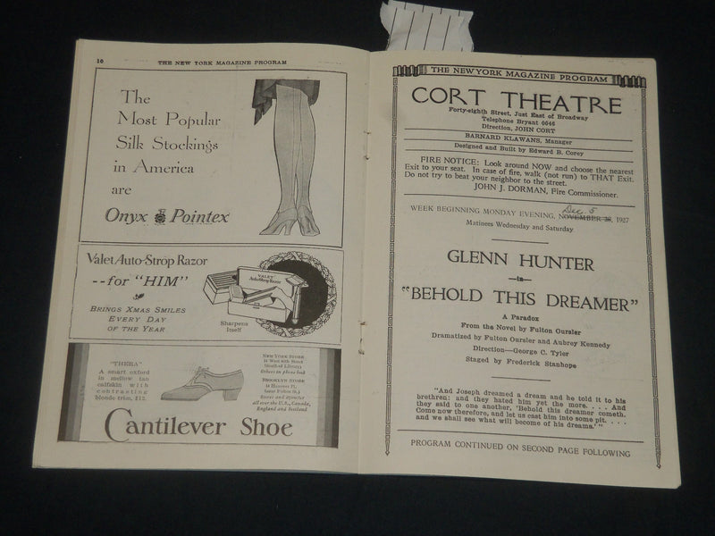 1927 BEHOLD THIS DREAMER - CORT THEATRE PROGRAM - NEW YORK - J 5674