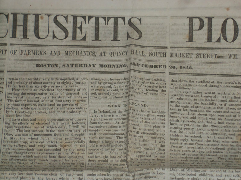 1846 SEPTEMBER 26 MASSACHUSETTS PLOUGHMAN - SLAVERY- CHOLERA- LOCKJAW - NP 5131