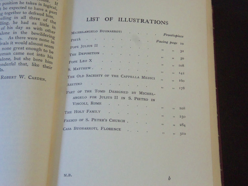 1913 MICHAELANGELO A RECORD OF HIS LIFE BOOK BY ROBERT W. CARDEN - KD 3990