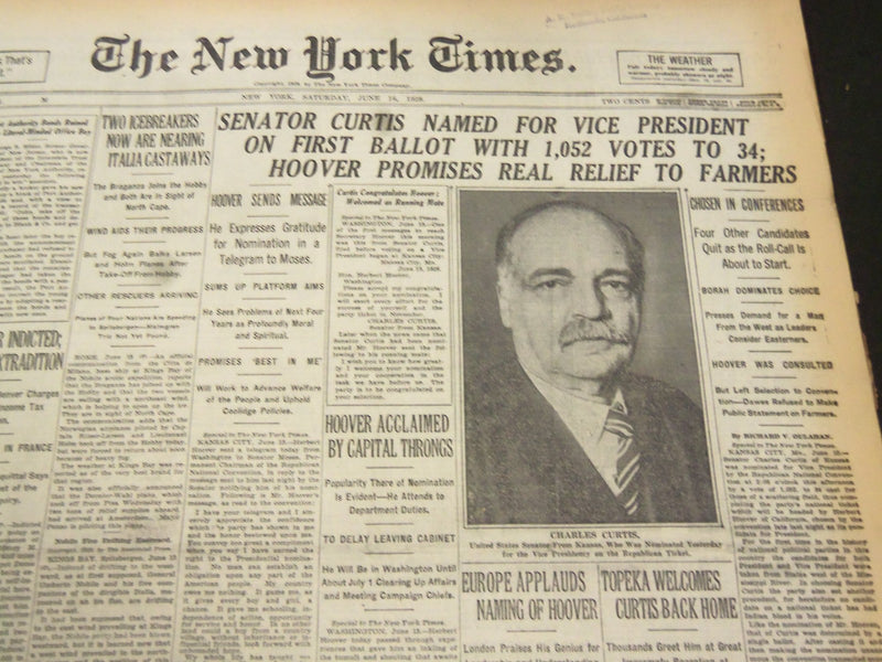 1928 JUNE 16 NEW YORK TIMES - SENATOR CURTIS NAMED FOR VICE PRESIDENT - NT 5336