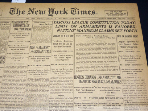 1919 FEBRUARY 3 NEW YORK TIMES - DISCUSS LEAGUE CONSTITUTION TODAY - NT 7958
