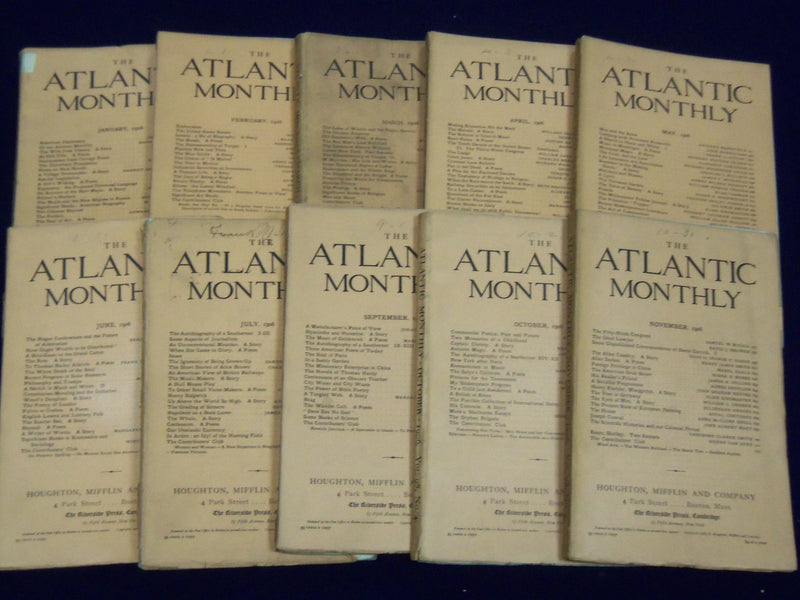 1906 THE ATLANTIC MONTHLY MAGAZINE LOT OF 10 - NICE STORIES & ARTICLES - WR 334