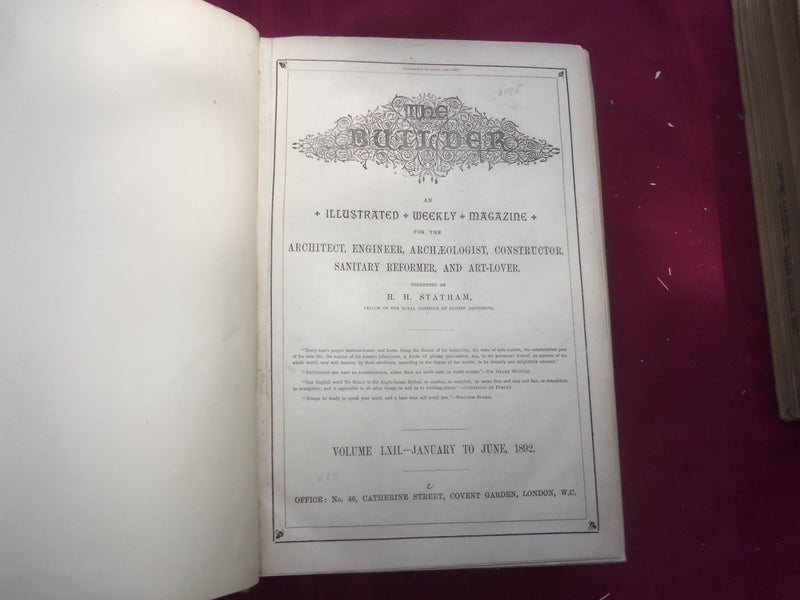 1892 JAN-DEC THE BUILDER U. K. MAGAZINE BOUND VOLUMES - 2 VOLS - FOLD OUTS- C 12