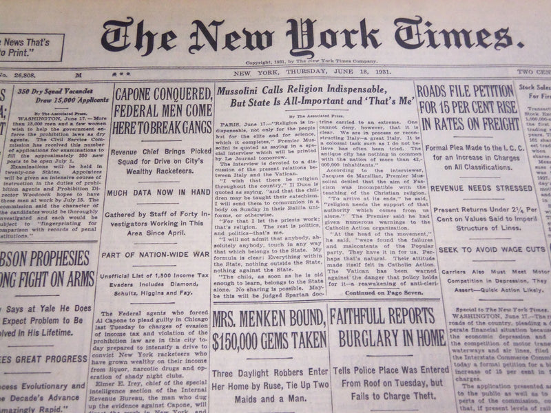 1931 JUNE 18 NEW YORK TIMES - CAPONE CONQUERED, FEDERAL MEN BREAK GANG - NT 5004