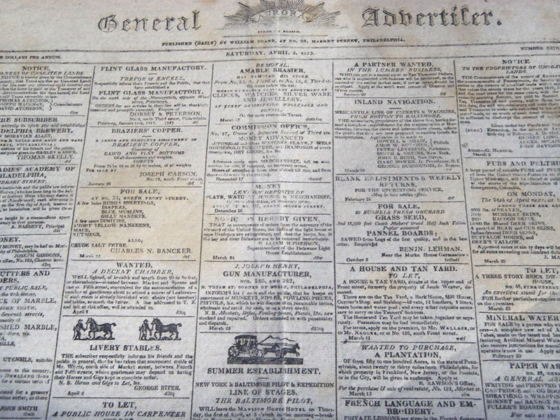 1813 APRIL 3 GENERAL ADVERTISER NEWSPAPER - PHILADELPHIA - NP 3980