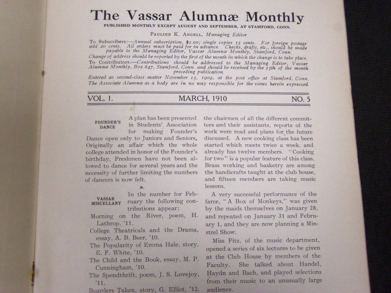 1909-1910 THE VASSAR ALUMNAE MONTHLY MAGAZINE LOT OF 4 ISSUES - J 5228