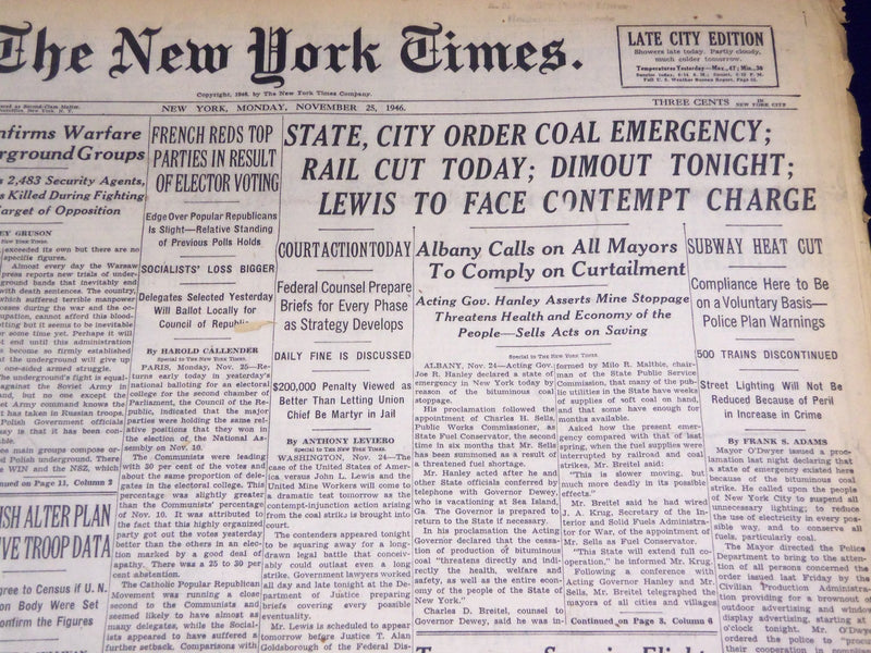 1946 NOVEMBER 25 NEW YORK TIMES - LEWIS TO FACE CONTEMPT CHARGE - NT 830