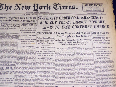 1946 NOVEMBER 25 NEW YORK TIMES - LEWIS TO FACE CONTEMPT CHARGE - NT 830