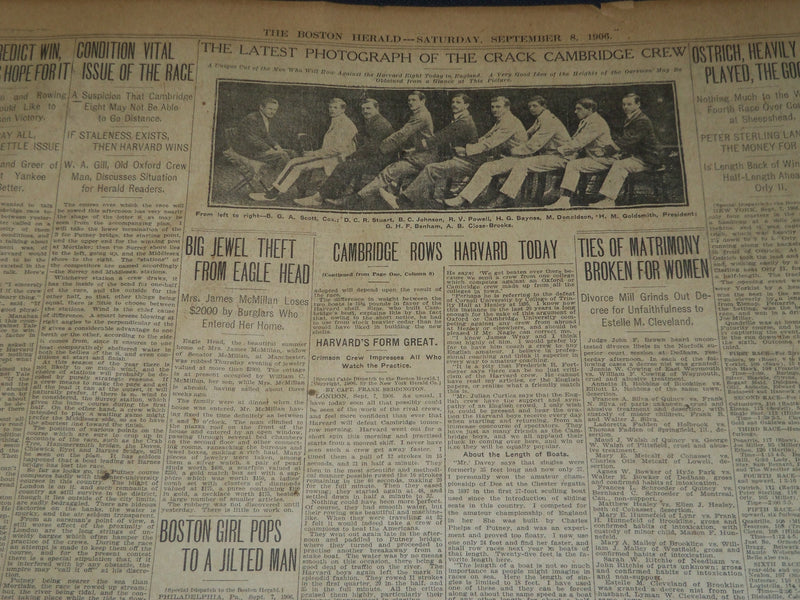 1906 SEPTEMBER 8 THE BOSTON HERALD - CAMBRIDGE ROWS HARVARD TODAY - BH 100