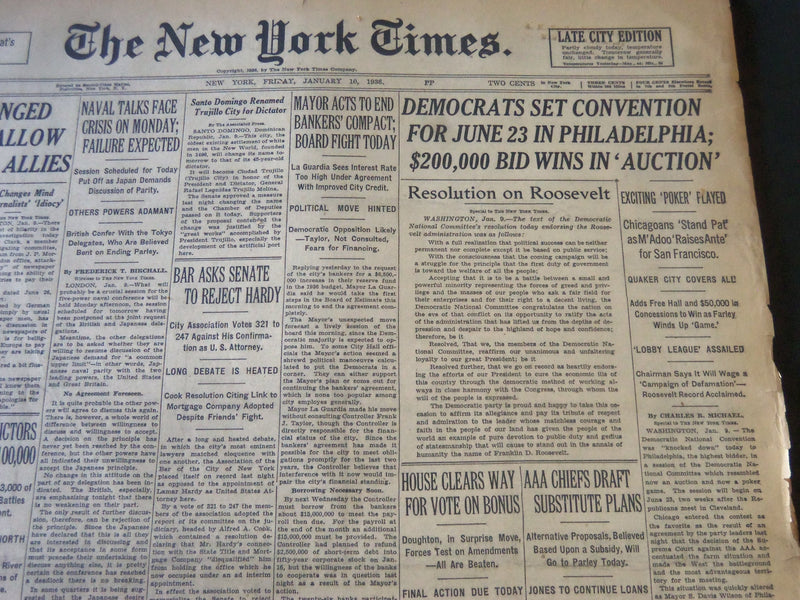 1936 JANUARY 10 NEW YORK TIMES - DEMOCRATS SET CONVENTION FOR JUNE 23 - NT 6349