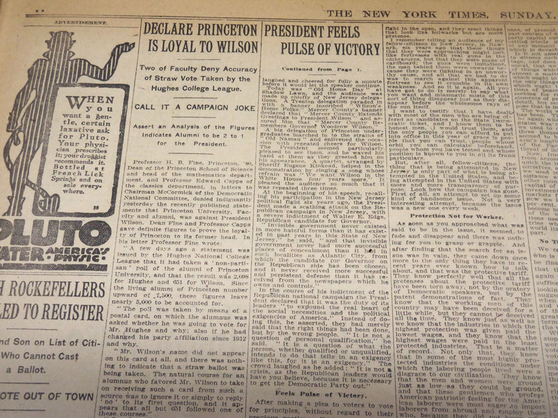 1916 NOVEMBER 5 NEW YORK TIMES - WILSON FEELS PULSE OF VICTORY - NT 7684