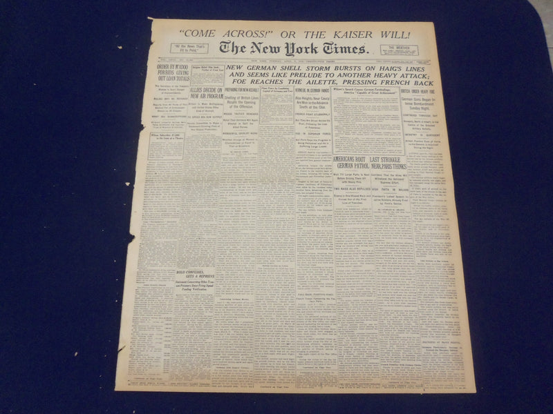 1918 APRIL 9 NEW YORK TIMES - GERMAN SHELL STORM BURSTS ON HAIG'S LINES- NT 8206