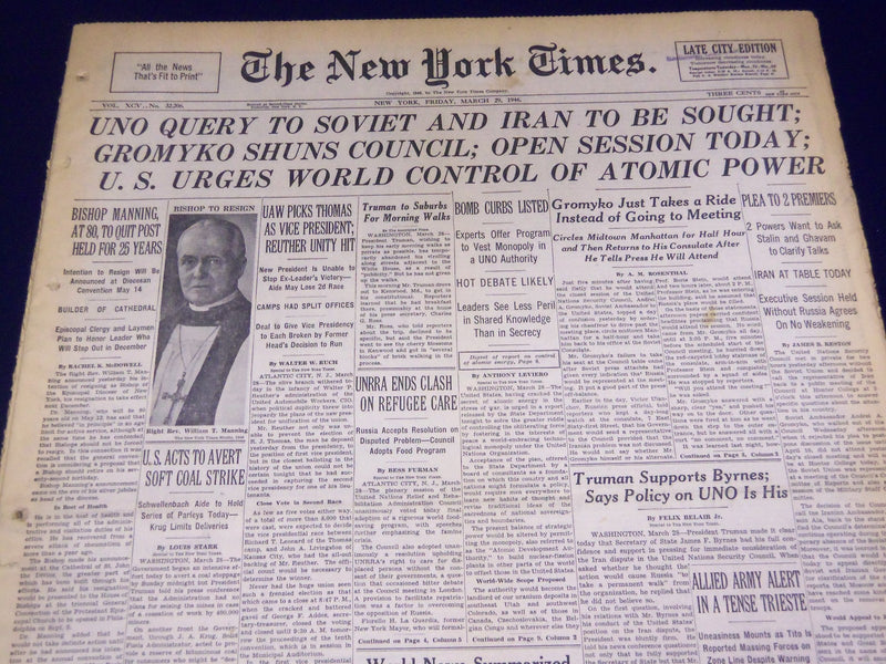 1946 MAR 29 NEW YORK TIMES - UNO QUERY TO SOVIET AND IRAN TO BE SOUGHT - NT 891