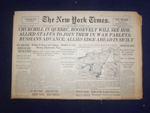 1943 AUG 11 NEW YORK TIMES -CHURCHILL IN QUEBEC, ROOSEVELT WILL SEE HIM- NP 6548