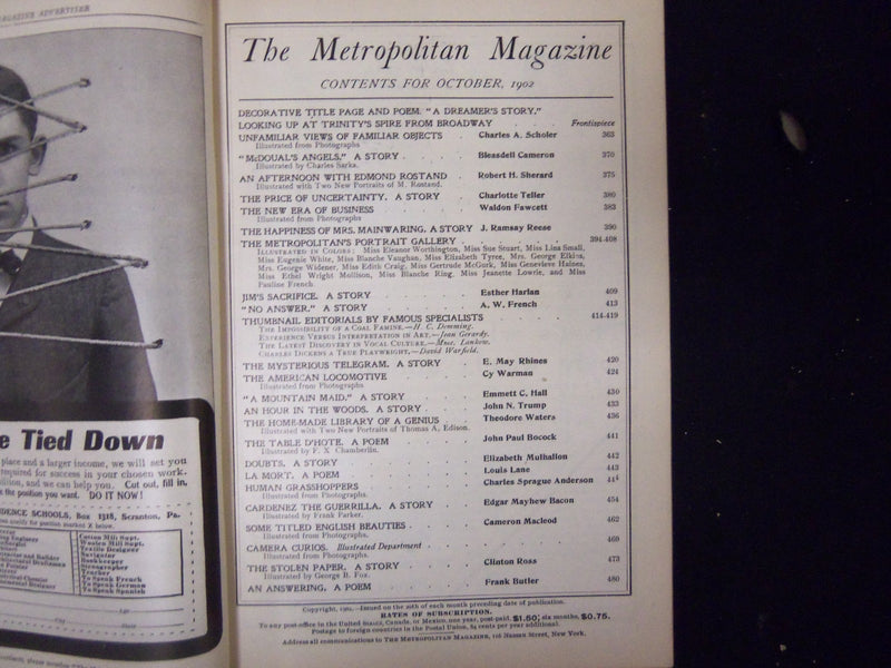 1902 OCTOBER METROPOLITAN MAGAZINE-STORIES, ILLUSTRATIONS, PHOTOS & ADS -ST 3324