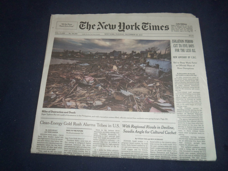 2021 DECEMBER 28 NEW YORK TIMES - ISOLATION PERIOD CUT TO FIVE DAYS FOR LESS ILL