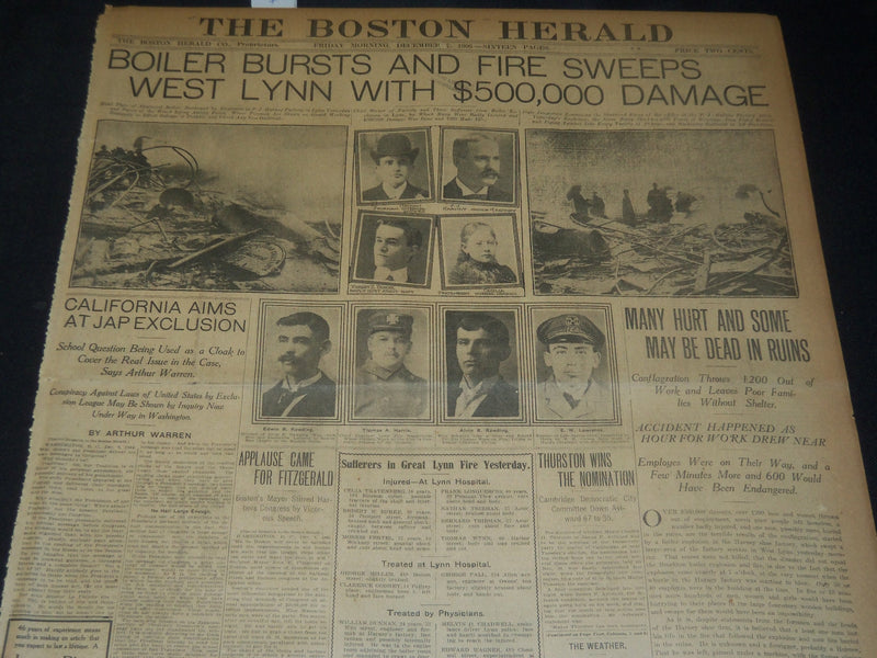 1906 DECEMBER 7 THE BOSTON HERALD - FIRE SWEEPS WEST LYNN MANY HEART - BH 116