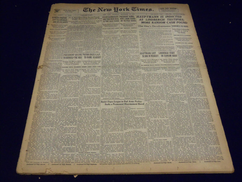 1934 SEPT 27 NEW YORK TIMES -HAUPTMANN IS INDICTED LINDBERGH TESTIFIES - NT 1614