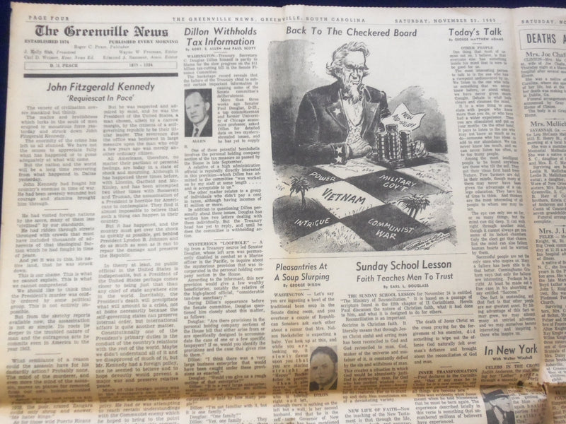 1963 NOV 22 THE GREENVILLE NEWS NEWSPAPER - JFK IS ASSASSINATED - NP 6444
