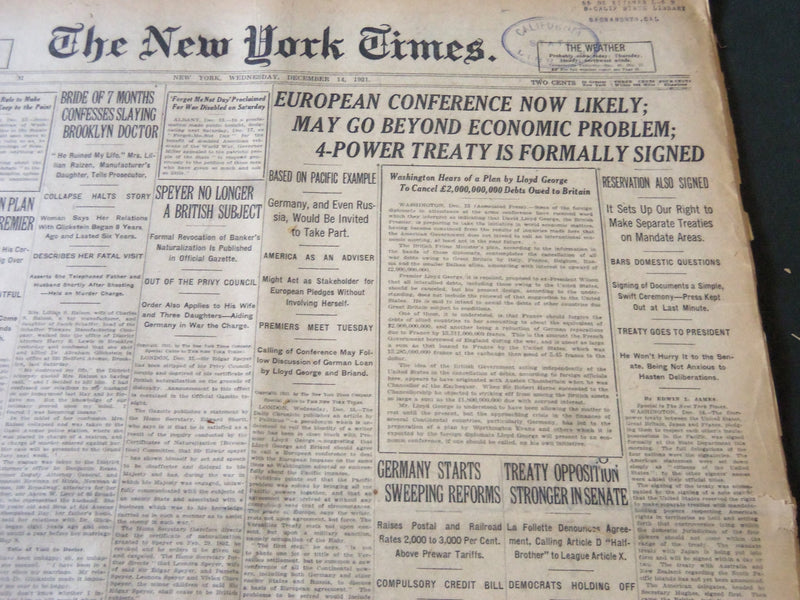 1921 DECEMBER 14 NEW YORK TIMES - EUROPEAN CONFERENCE NOW LIKELY - NT 6139