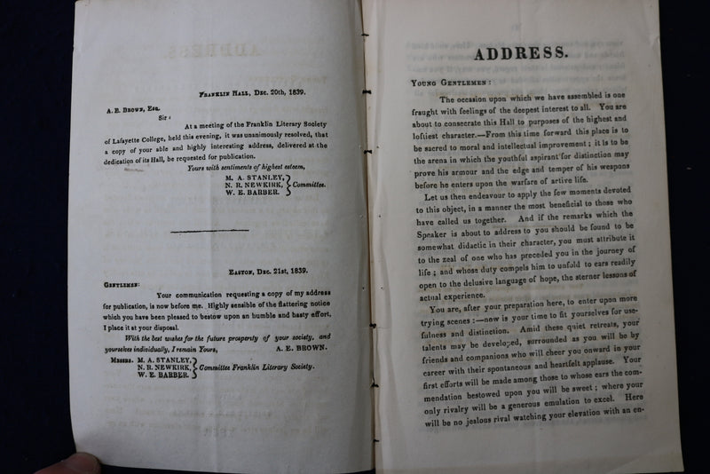 1840 LAFAYETTE COLLEGE - FRANKLIN LITERARY SOCIETY ADDRESS SOFTCOVER - K 945