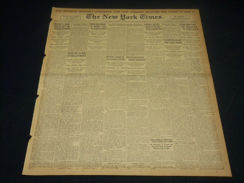 1917 AUGUST 14 NEW YORK TIMES NEWSPAPER - CROPSEY'S BOOM FIZZLES OUT - NT 8511