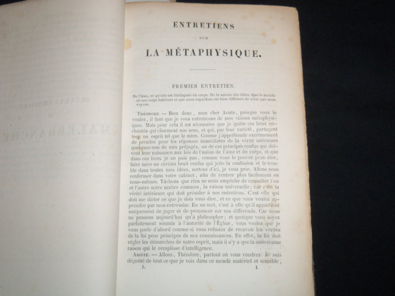 1842 OEUVRES DE MALEBRANCHE VOLUME BY JULES SIMON - FRENCH - KD 4815B