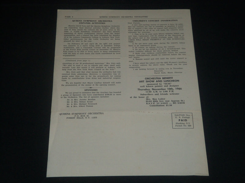 1966 OCTOBER QUEENS SYMPHONY ORCHESTRA NEWSLETTER - FOREST HILLS, NY - J 4293