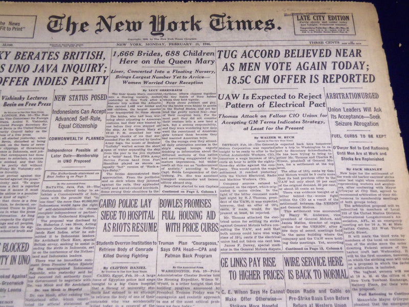 1946 FEB 11 NEW YORK TIMES - TUG ACCORD NEAR MEN VOTE, TODAY - NT 2325