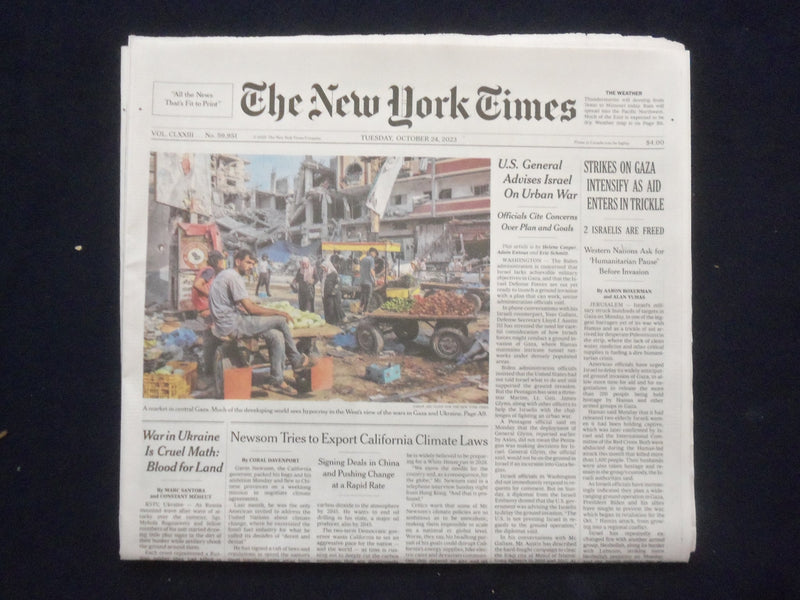 2023 OCTOBER 24 NEW YORK TIMES -STRIKES ON GAZA INTENSIFY, AID ENTERS IN TRICKLE