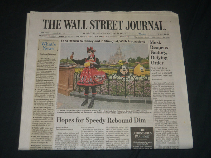 2020 MAY 12 WALL STREET JOURNAL NEWSPAPER - MUSK REOPENS FACTORY DEFYING ORDER