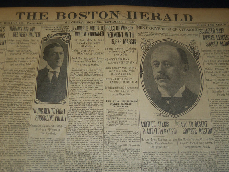 1906 SEPTEMBER 5 THE BOSTON HERALD - PROCTOR WINS IN VERMONT - BH 102