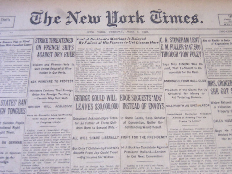 1923 JUNE 5 NEW YORK TIMES - STONEHAM LENT FULLER $147,500 - NT 5856