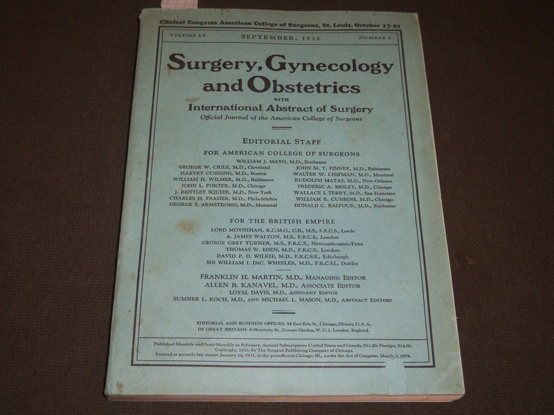 1932 SEPTEMBER SURGERY, GYNECOLOGY AND OBSTETRICS SOFTCOVER BOOK - J 5244