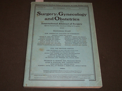 1932 SEPTEMBER SURGERY, GYNECOLOGY AND OBSTETRICS SOFTCOVER BOOK - J 5244