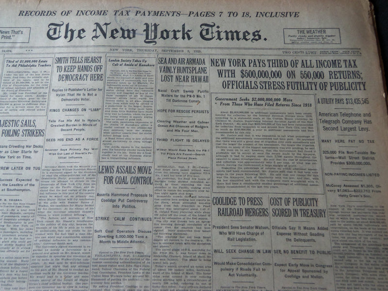 1925 SEPTEMBER 3 NEW YORK TIMES - NEW YORK PAYS THIRD OF ALL INCOME TAX- NT 7208