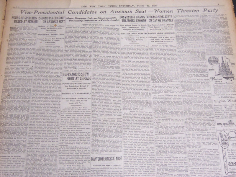 1920 JUNE 12 NEW YORK TIMES - FOUR BALLOTS NO NOMINATION WOOD LEADS - NT 6946