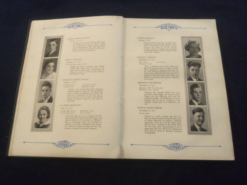 1933 BLUE & WHITE CROSBY HIGH SCHOOL YEARBOOK - WATERBURY, CONNECTICUT - YB 2675