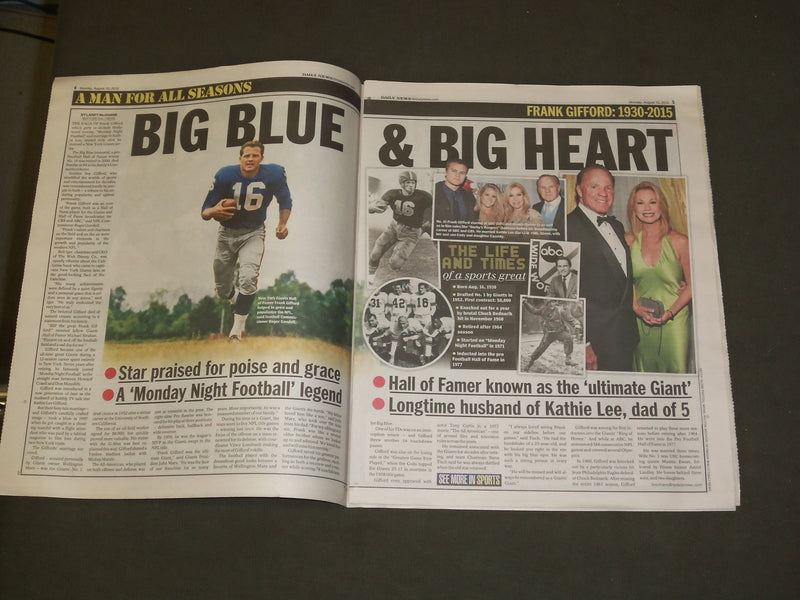 2015 AUGUST 10 NEW YORK DAILY NEWS - FRANK GIFFORD DIED - 1930-2015
