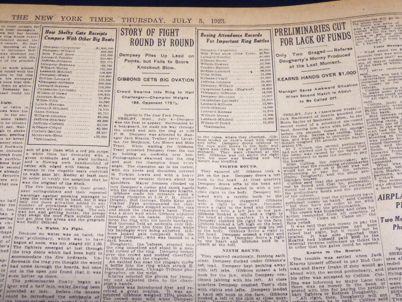 1923 JULY 5 NEW YORK TIMES NEWSPAPER-DEMPSEY WINS AFTER FULL 15 ROUNDS - NT 7738