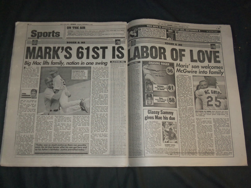 1998 SEPTEMBER 8 NEW YORK POST NEWSPAPER - MARK MCGWIRE HITS HR 61 - NP 4127