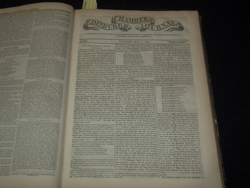 1839 JAN-DEC CHAMBERS' EDINBURGH JOURNAL MAGAZINE BOUND VOLUME - KD 5403G