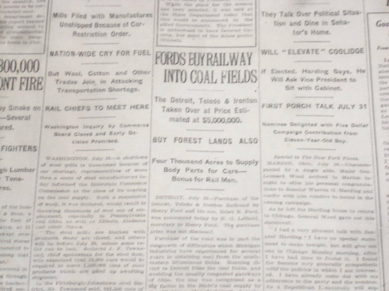 1920 JULY 11 NEW YORK TIMES - FORDS BUY RAILWAY INTO COAL FIELDS - NT 9327