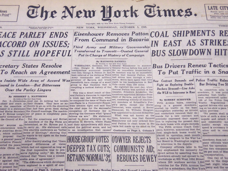 1945 OCT 3 NEW YORK TIMES - EISENHOWER REMOVES PATTON FROM COMMAND - NT 279